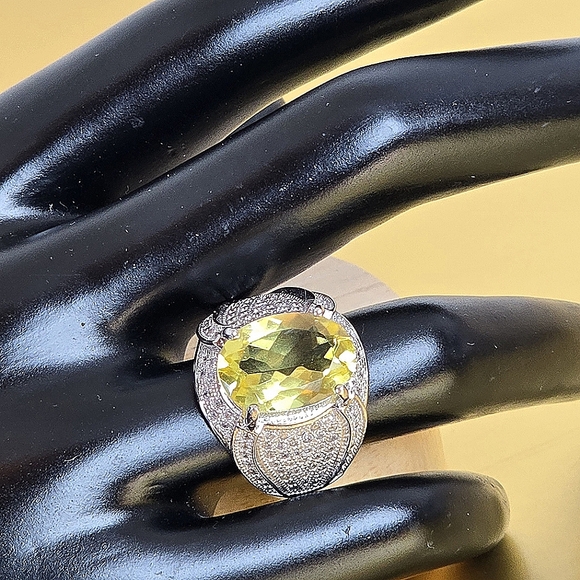 Natural Lemon Quartz 15x11mm & CZ 925 Sterling Silver Ring Sz 8.5 - Picture 4 of 10